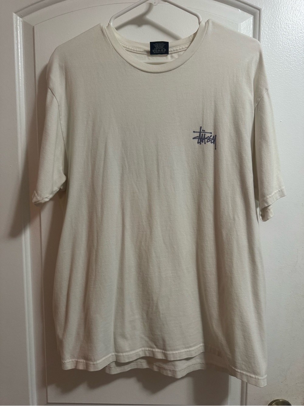 Stussy Cream Short Sleeve Tee with Navy Script Logo
